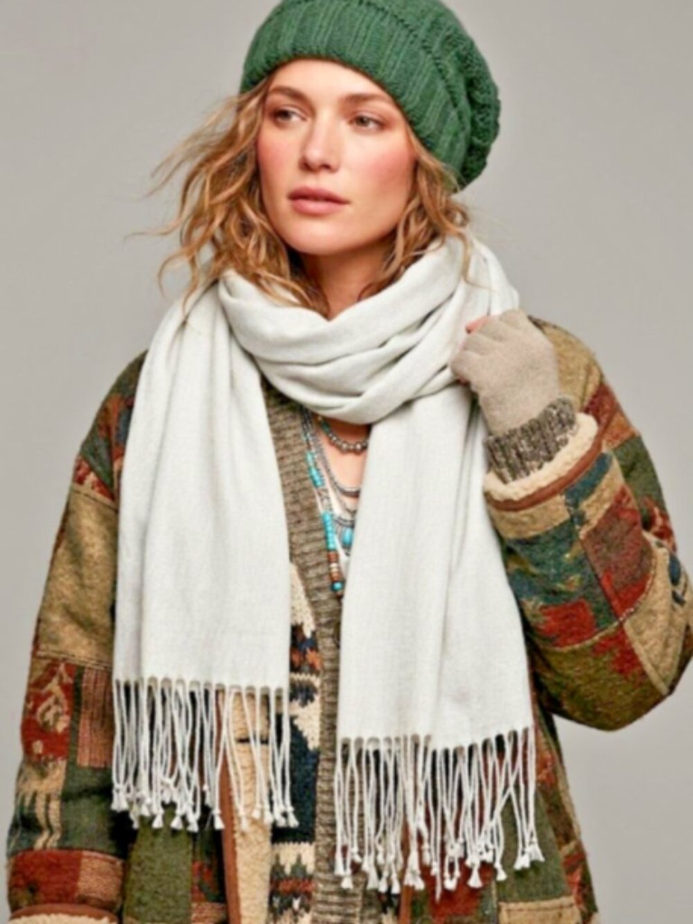 Cashmere/Silk Blend Gauzy Boho Fringe Hem Rectangular Scarf Pale Gray One Size